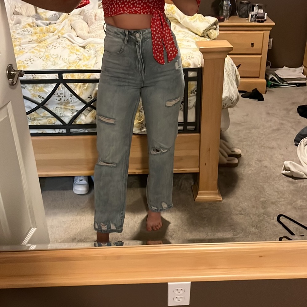 High rise straight leg ripped jeans